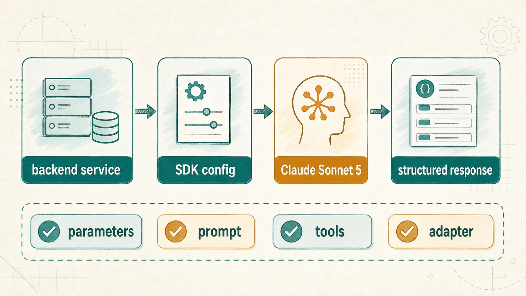 Sonnet 5 接入示意:后端服务经 SDK 配置调用模型并获得结构化响应