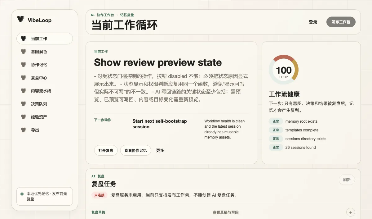 VibeLoop 工作台:左侧功能导航,中央当前任务,右侧工作流状态